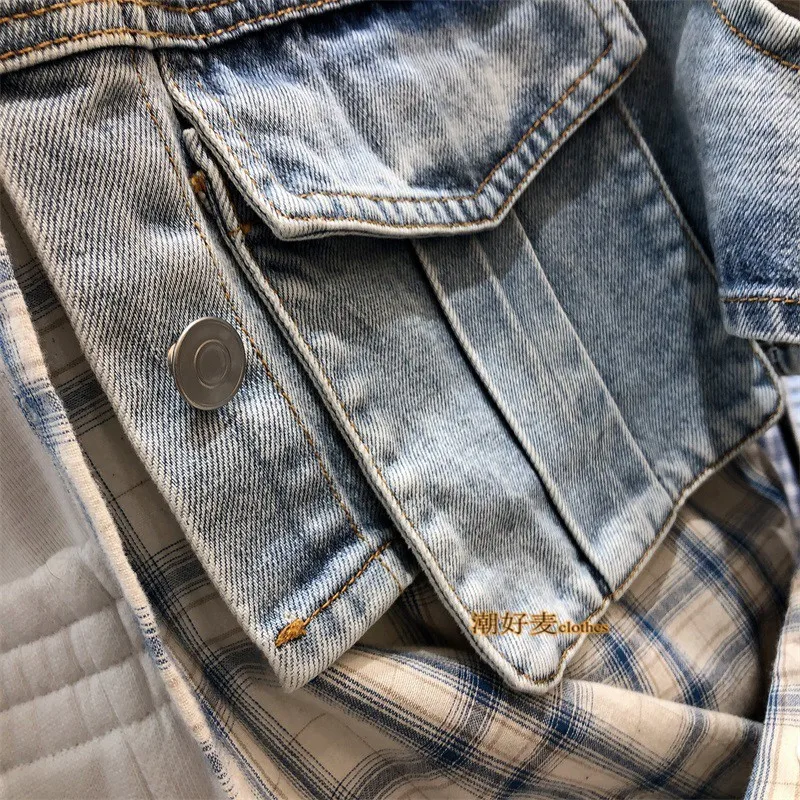 

2021 Spring New Korean Style Loose Pockets Denim Blue Short Vest Female and Long Sleeve Plaid Shirt for Women Two-Piece Suit
