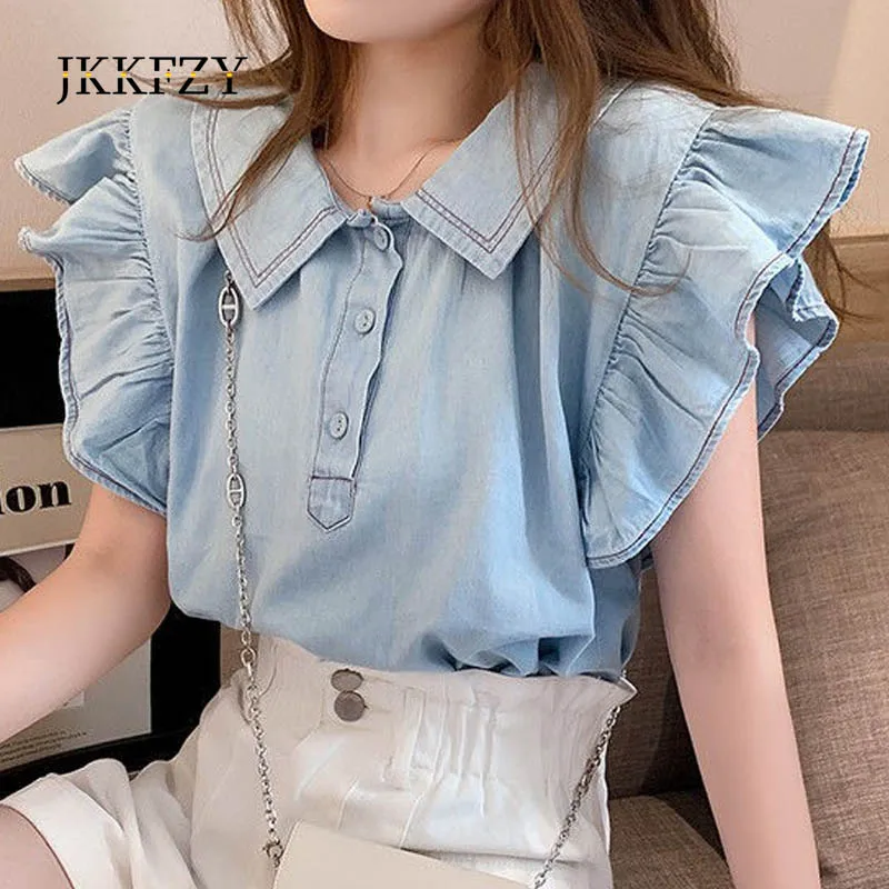 

Women's Summer Shirt 2021 Korean New Doll Collar Fashion Top Flying Sleeve Design Blouses Blue
