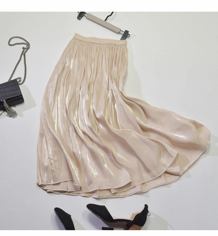 

2020 Spring New Korean Style Pleated Skirt Elastic Waist Pearl Luster Silk Slippery Faldas Largas Elegantes Free Shipping