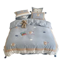 cartoon pure cotton simple female bear affixed cloth embroidered four piece set cute fresh pure cotton quilt cover bed sheet