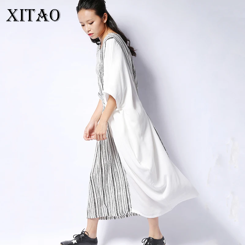 Женское платье в полоску с коротким рукавом и круглым вырезом до колена|Женские