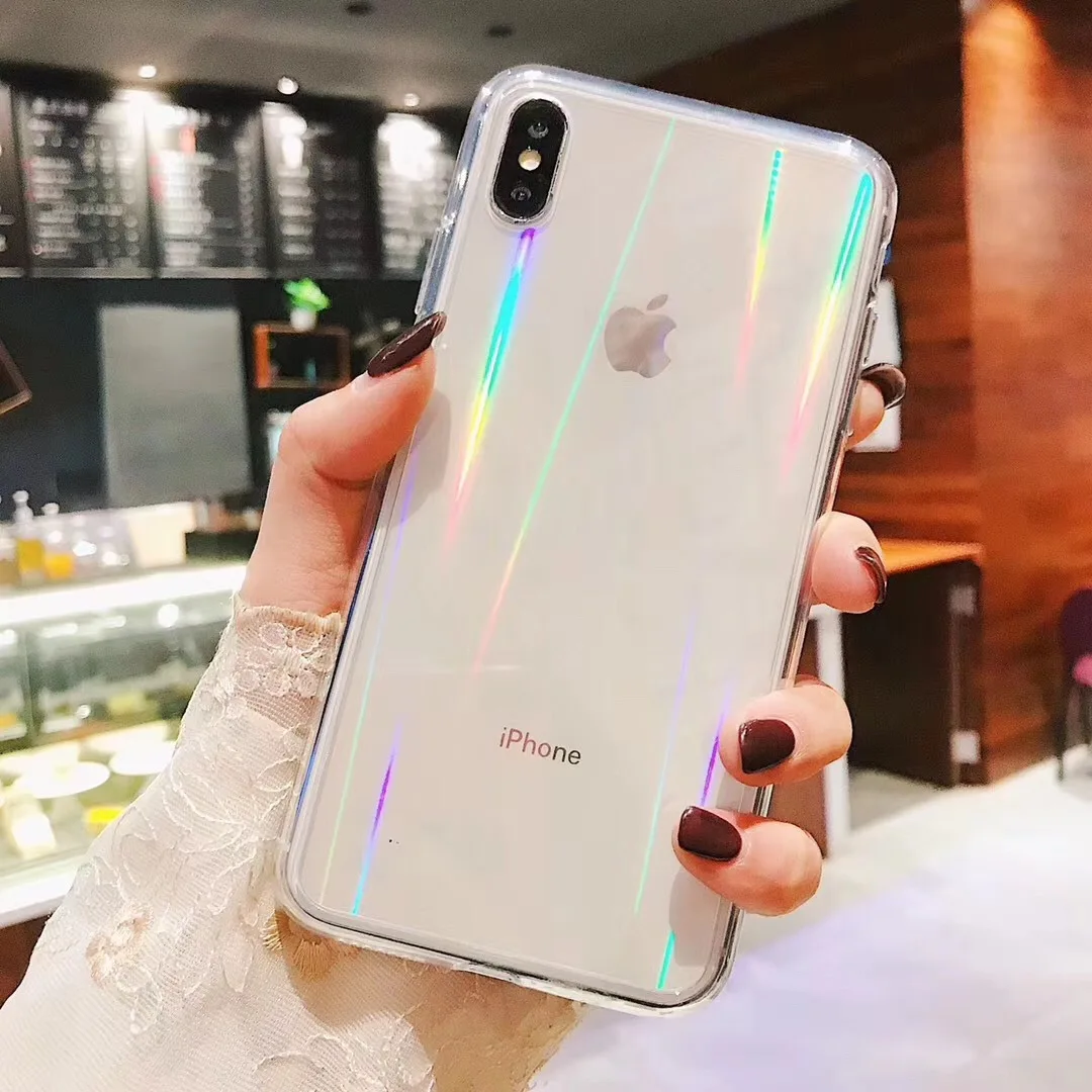 Gradient Rainbow Laser Phone Case For iPhone 13 12 11 Pro Max Transparent Soft Fundas For iPhone X XS Max 8 7 Plus Acrylic Cover