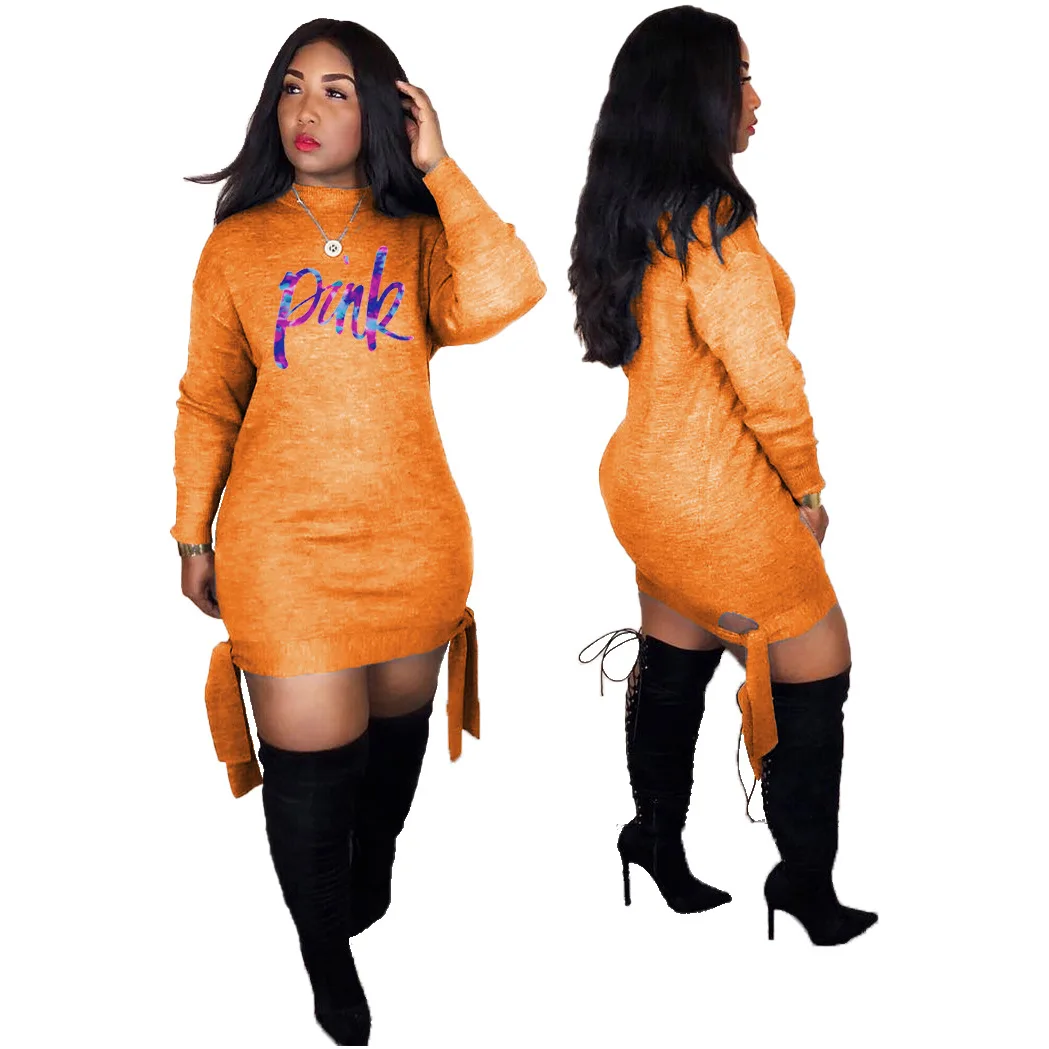 

Solid Color Pink Letter Print O-Neck T-Shirt Dresses for Women 2020 Autumn European And American Fashion Casual Clothes