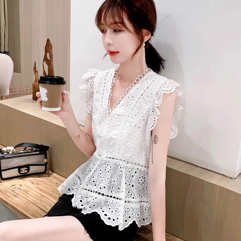 Женские топы с вырезами без рукавов Белая Кружевная блуза v-образным вырезом dames