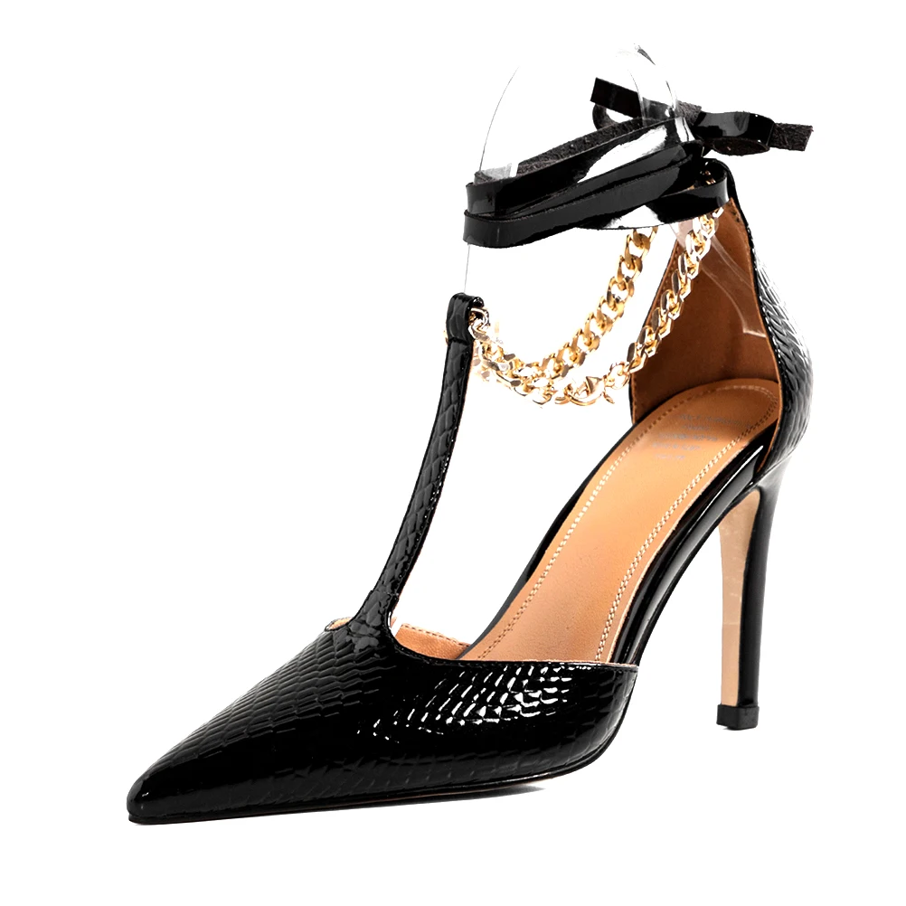 

Acedichy 2022 Spring/Autumn Shoes Gold Metal Chain T-Strap Pointed Toe Bridesmaid Stiletto Cross-tied Novelty Pumps 7 cm Heels