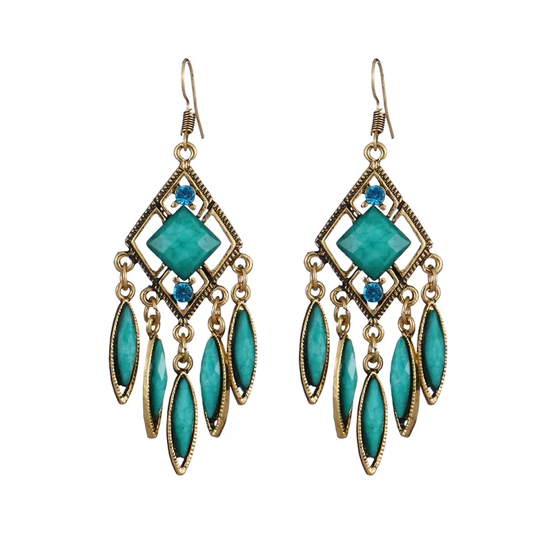 

Antique Gold Metal Geometric Dangle Hanging Earrings For Women Ethnic Gem Stone Beads Tassel Jhumka Earring Indian Gypsy Jewelry