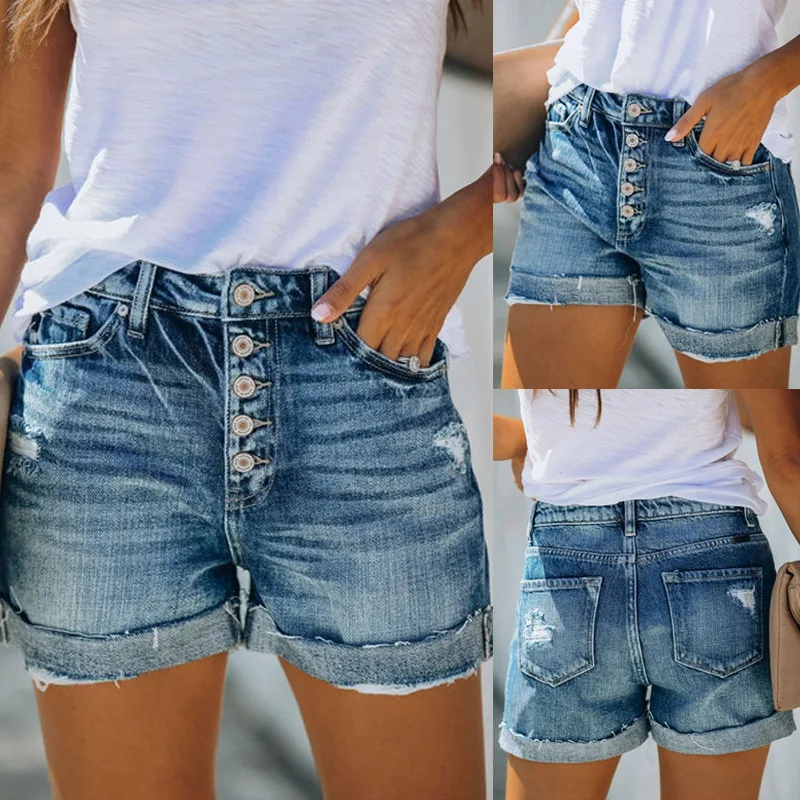 

High Waist Buttons Denim Shorts Ladies Fashion Casual Summer Female Loose Fit Blue Straight Vintage Woman Shorts
