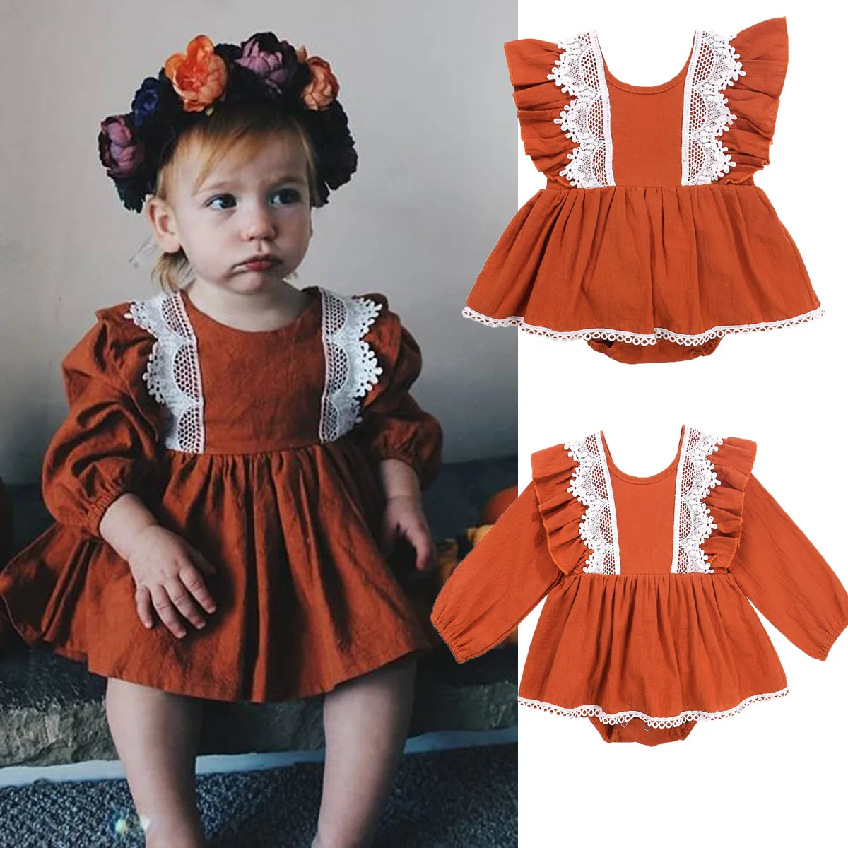 

Autumn Lovely Baby Girls Boys Romper Dress Lace Solid Ruffles Backless Jumpsuits