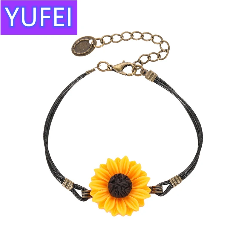 

Creative Black Leather Rope Sunflower Bracelet Retro Cute Women's Bracelet Accessories Fashion Wedding Party Jewelry Gifts