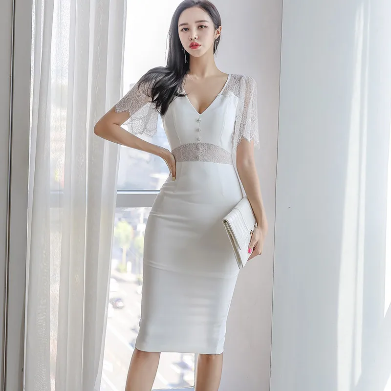 

Summer Sexy Lace Patchwork Pencil Bodycon Dress Women Hollow Out See Through Sheath Dresses OL V-neck Work Vestidos
