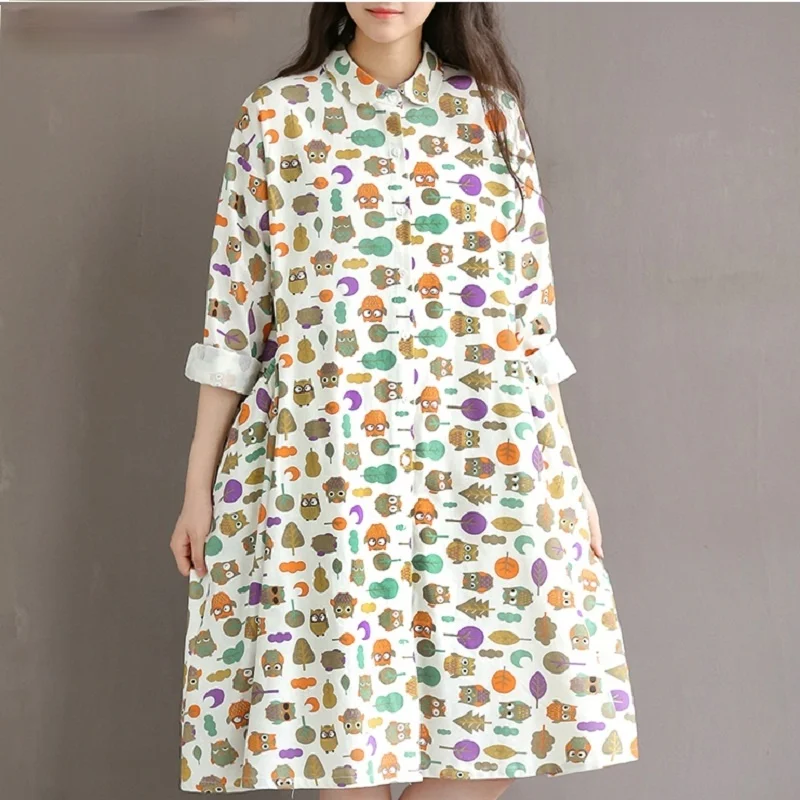 

Japanese Mori Girl Autumn Spring Women Shirt Dress Turn-Down Collar Anime Printed Cute Loose Dress Kawaii Cotton Linen Dresses