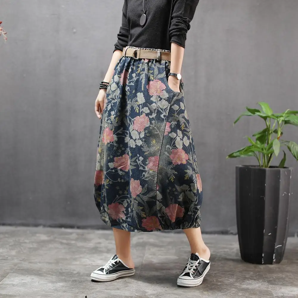 2020 джинсовая юбка литературная Ретро Печать пояс эластичный деним стрейч талии