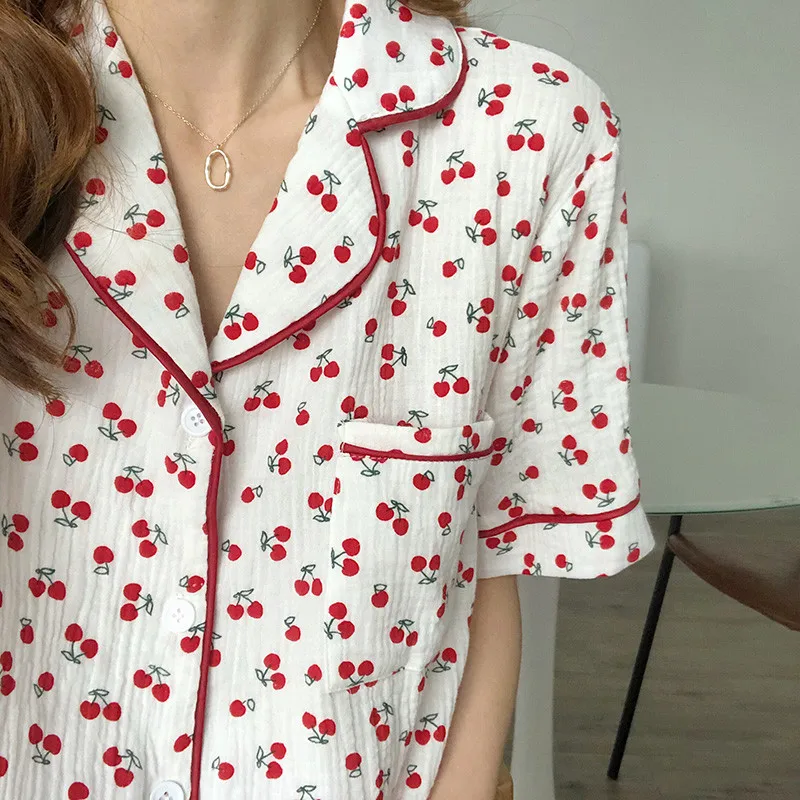 

Women Pajamas 2020 New Cherry Print Home Pijama Mujer Two-piece Suit Summer Trousers Suits Sweet Loose Sleepwear
