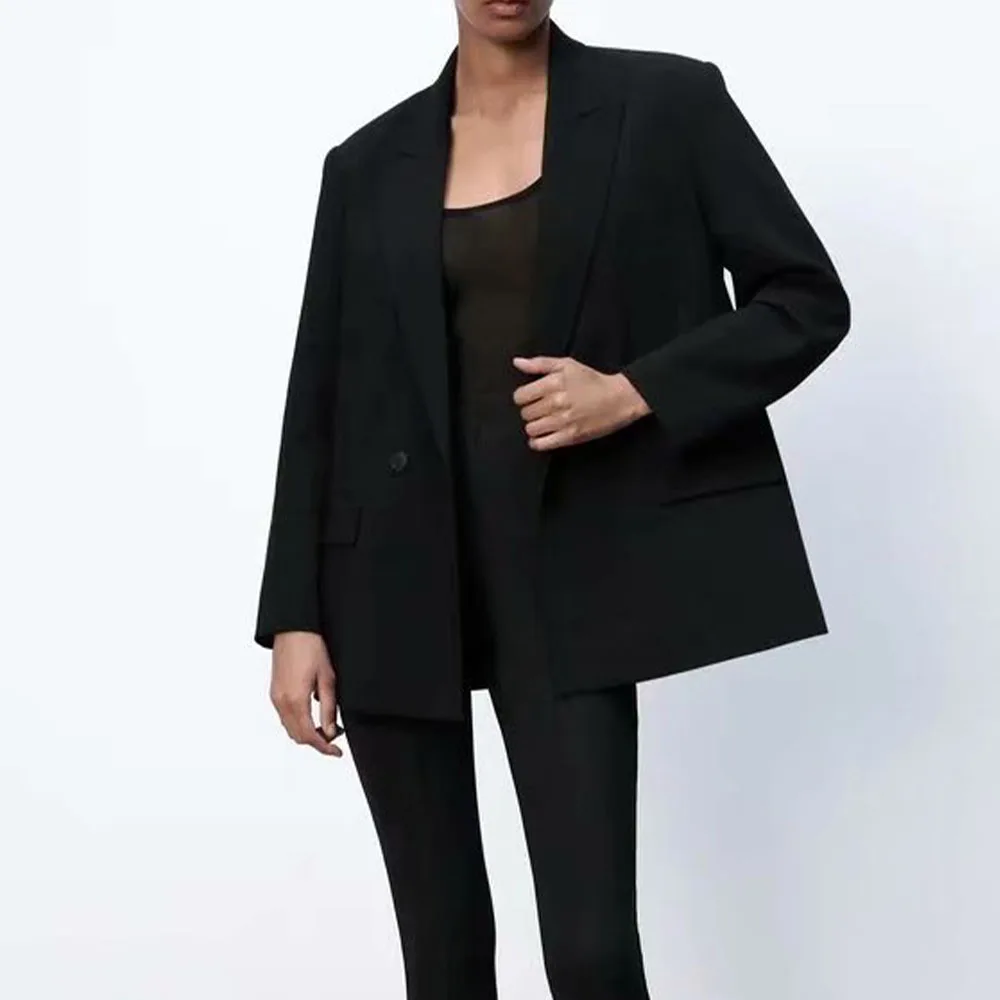 

2021 Za Women New Fashion Two Colors Loose Double Breasted Blazer Coat Vintage Long Sleeve Pockets Female Outerwear Chic Tops
