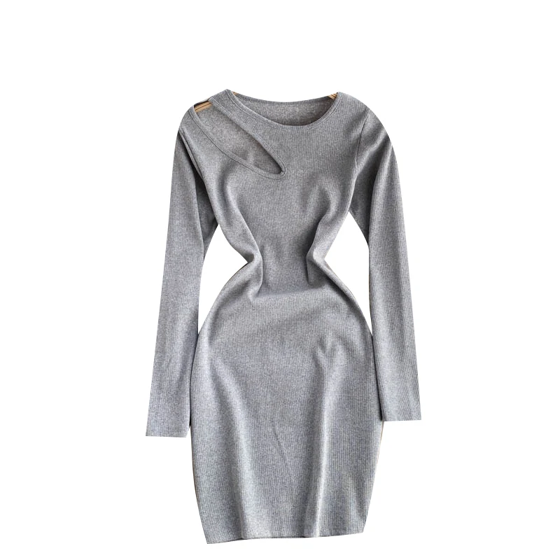 

Kimutomo Solid Hollow Out Dress Women Autumn O-neck Full Sleeve Slim Simple Bodycon Mini Vestidos Korean New Ins Style Elegant