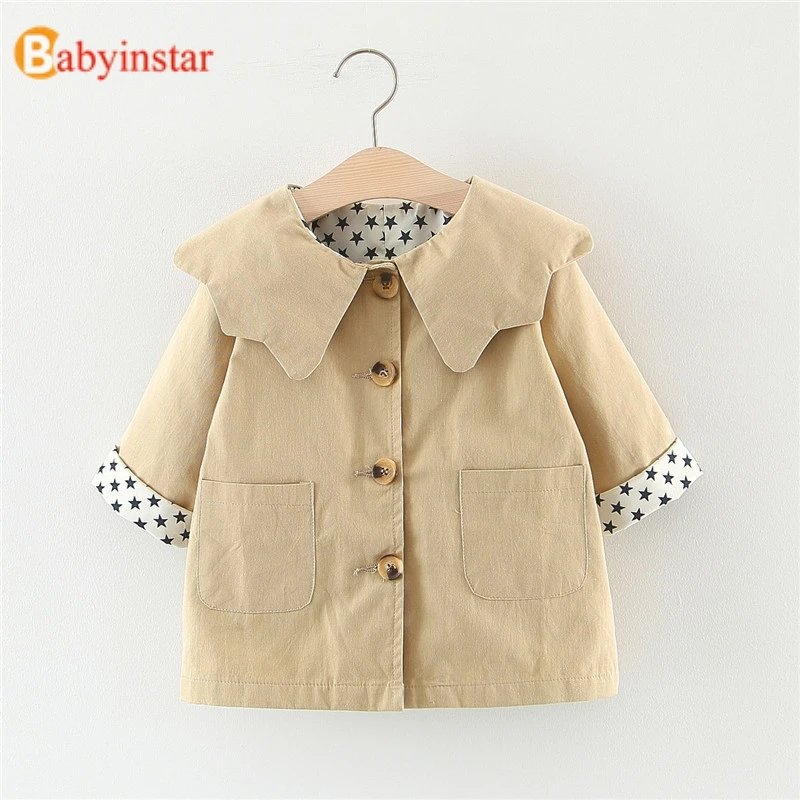 Модный детский Тренч для девочек куртка с оборками и воротником малышей осенняя