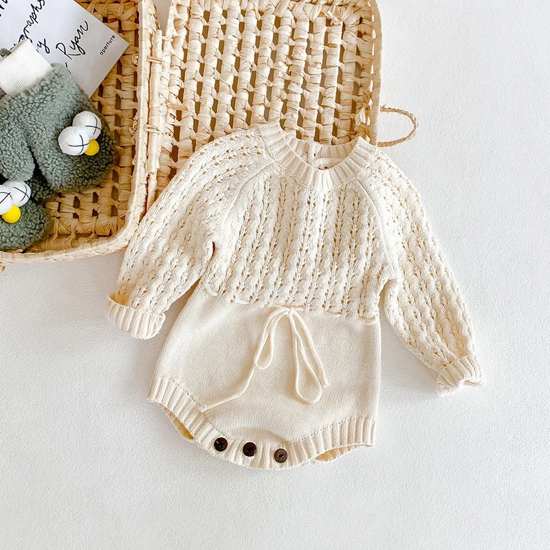 

Spring Autumn Baby Girl Baby Knitted Hollow Waist Long-sleeved Romper Triangle Jumpsuit 2021 New