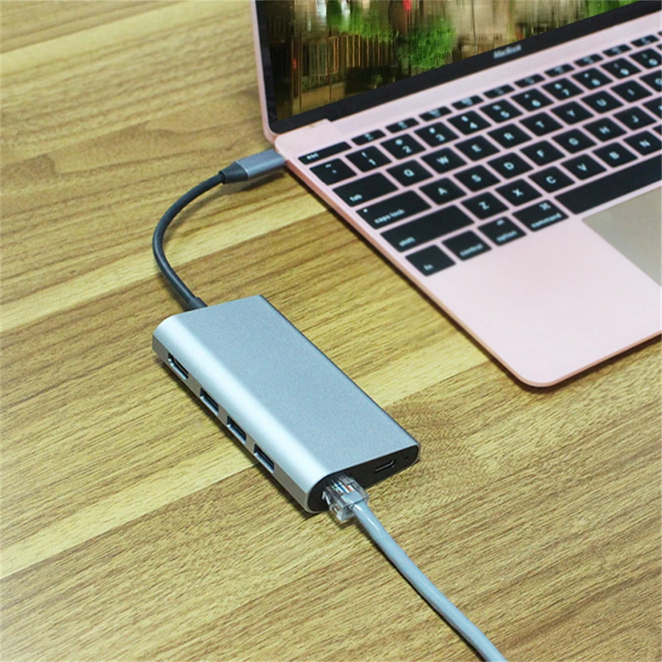 

HUB Type C To HDMI RJ45 1000Mbps Multi USB 3.0 Thunderbolt 3 Power SD/TF Card slot Adapter For MacBook Pro Air USB-C Dock