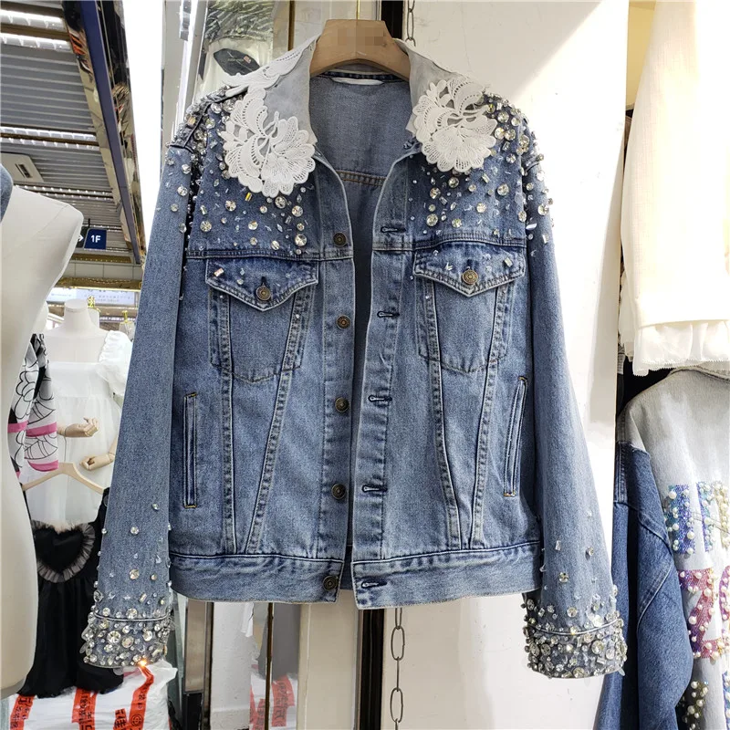 

Harajuku Denim Coat Women Heavy Hand Beaded Rivet Short Jeans Jackets Spring Lady Casual Loose Single Breasted Top