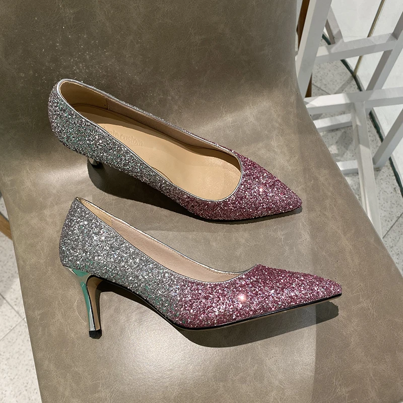 

MNIXUAN Glitter Heels 2019 Women Shoes luxury sexy thin blue high heels slip on dress party shoes silver Bridal wedding Shoes
