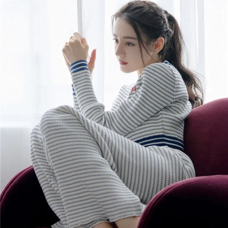 

Suit ladies striped cardigan 2021 autumn and winter new blue and white stitching V-neck casual fashion women's clothing