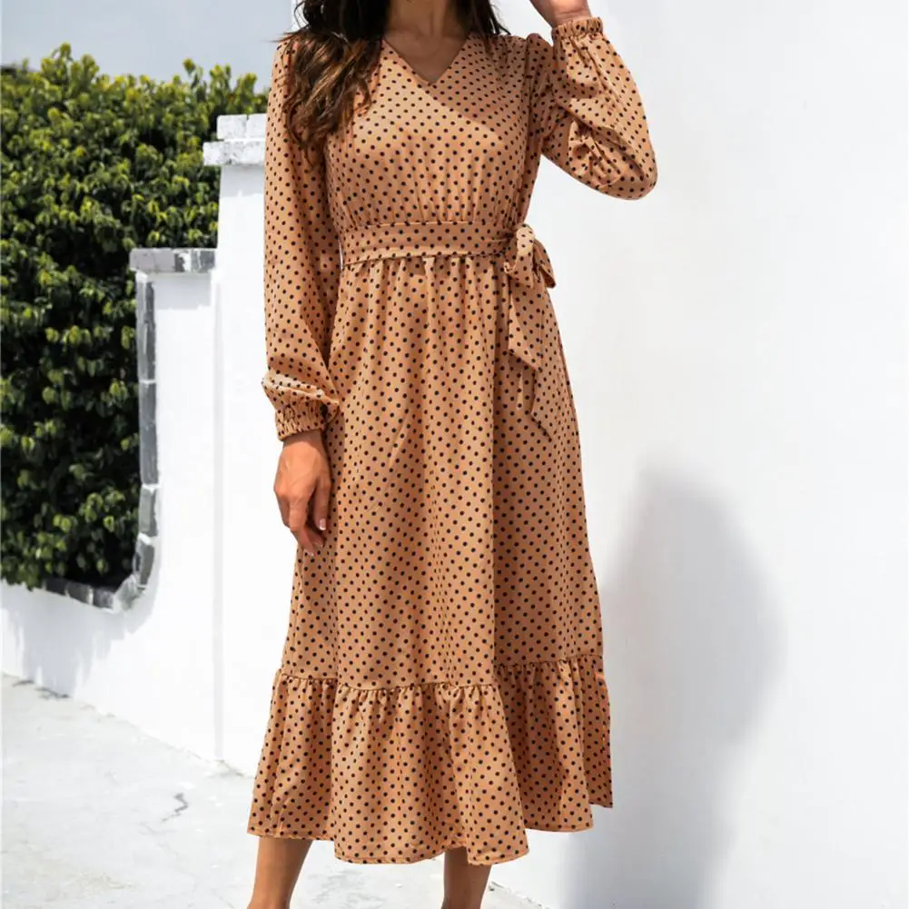 

2021 Women Chiffon Long Beach Dress Dot Print Ruffle Large Hem Midi Dress Elegant V Neck Puff Long Sleeve Autumn Dress Sundress