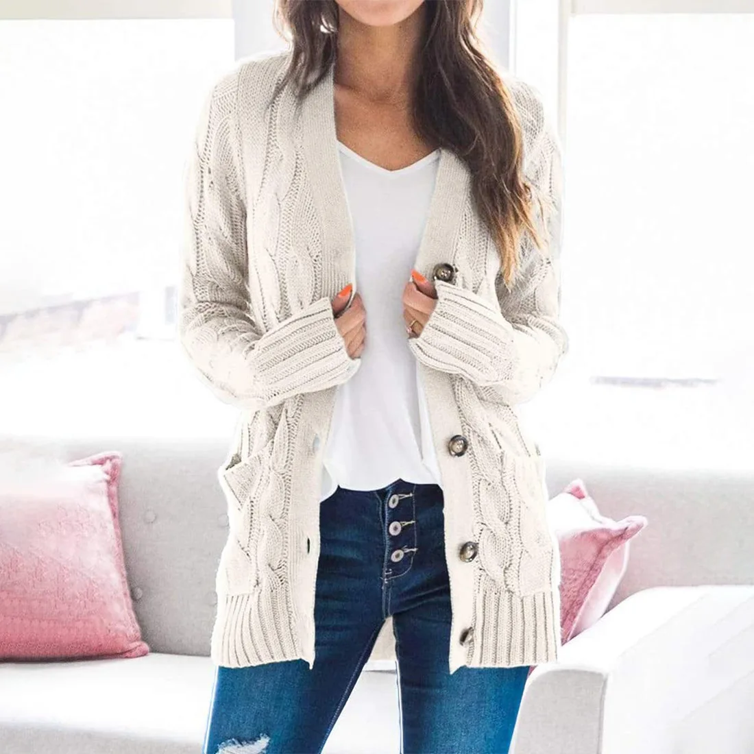 

Women Knit Coat Fashion Long Sleeve Buttons Cardigan Tops Casual for Spring Autumn Women Clothes