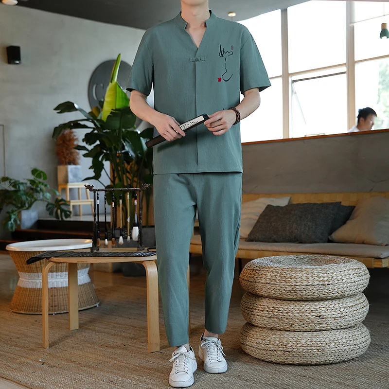 

Chinese Style Two Pieces Suits New Sports Running Set Streetwear Tops Tshirts 5XL Men's T Shirt and Pants Set Male Summer Casual