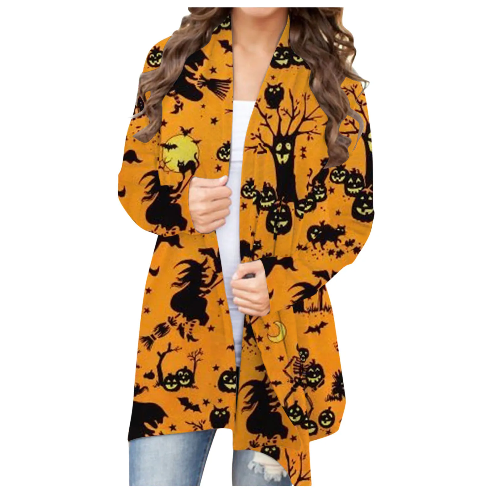 

TELOTUNY Women's Cardigan 2021 New Halloween Animal Cat Pumpkin Print Autumn Winter Coat Loose Lapel Casual Midi Blouse