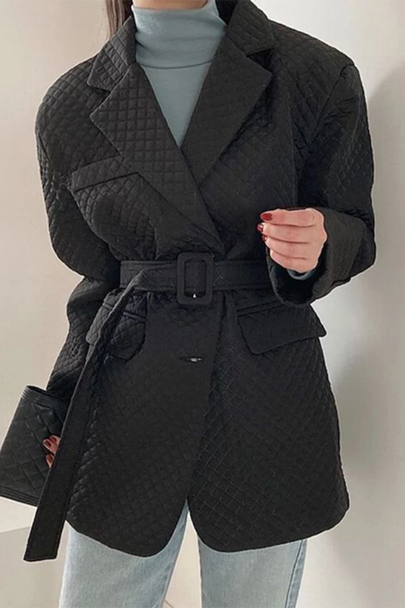 2023  Women's Autumn and Winter Jacket Geometric Three-dimensional Diamond Loose Suit Retro Lapel Lining Cotton Jacket with Belt