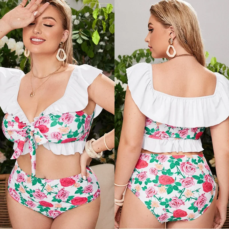 

2022 New L-6XL Sexy Women Bikinis Set Ruffle Floral Printed Swimsuit Retro Biquini Mujer Swimwear