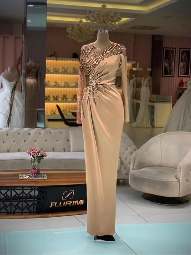 

Champagne Satin 2022 Mermaid Prom Dresses Crystals Beaded Long Sleeve Evening Wear Formal Party Second Reception Gowns