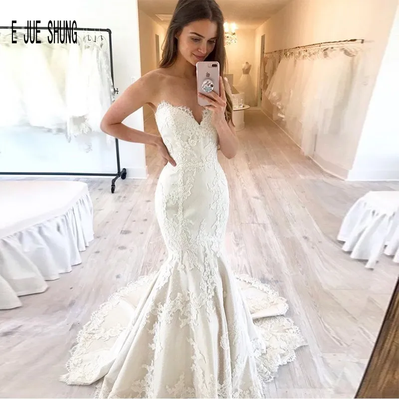 

E JUE SHUNG Sexy Sleeveless Stain Mermaid Wedding Dresses Sweetheart Lace Appliques Bridal Gowns Lace Up Wedding Bridal Gowns