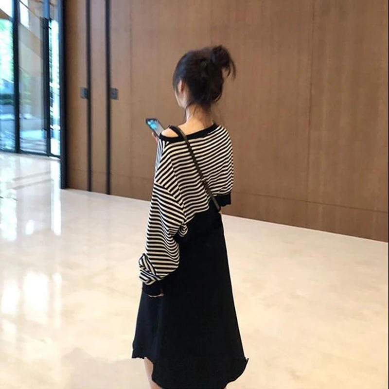 

Women Sets O-neck Sweatshirt Pullover Striped Tank Dress Korean Style Trendy Casual Simple New Street Wear High Quality Soft