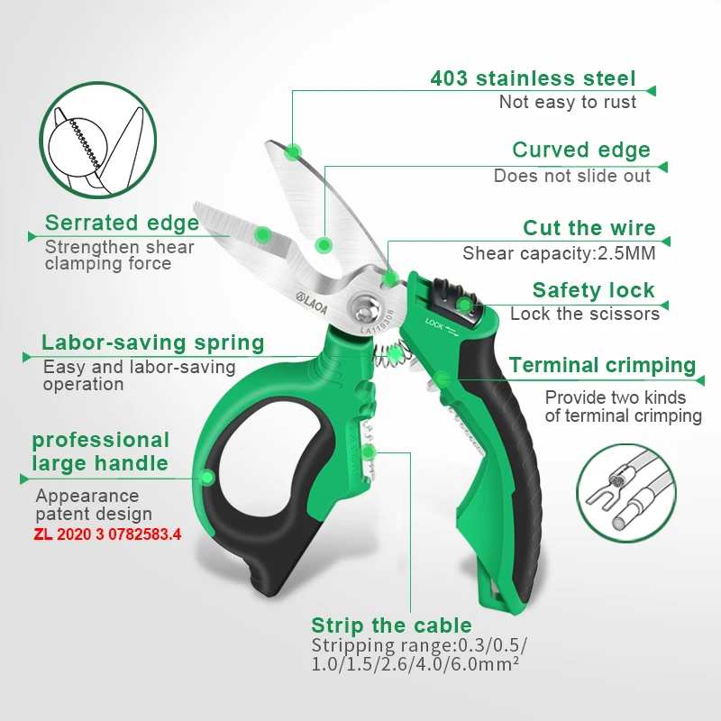 LAOA 8" Heavy Duty Electrician Scissors with Labor-saving Springs Cutting Wire Cable Stripping Curved Shears Crimping Tools - купить по