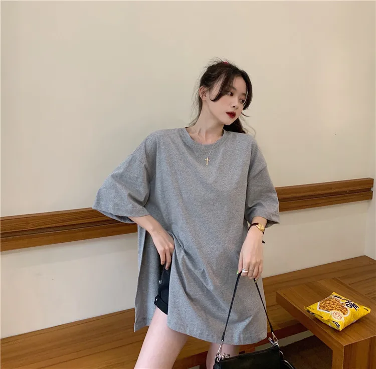 

XZ1231 2021 Korean version of loose round neck solid color wild side slit short-sleeved mid-length T-shirt