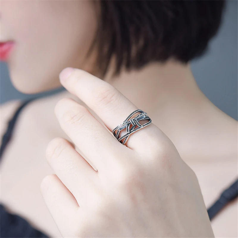 Party Vintage Black Punk Luxury Designer Adjustable Women's Ring Bow Knot Geometry Thai Multi-layered Finger Weave |