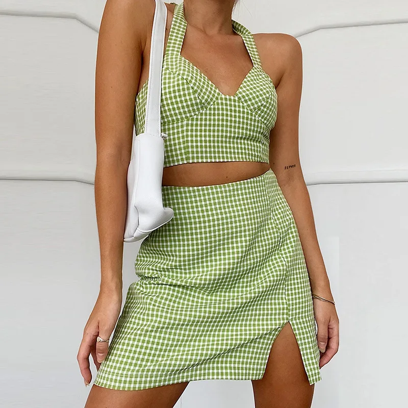

Women's Sets Pastoral style Plaid Print 2 Piece Outfits Sexy Halter Crop Tops + Slit Mini Skirts Spring 2021 New Prairie Chic