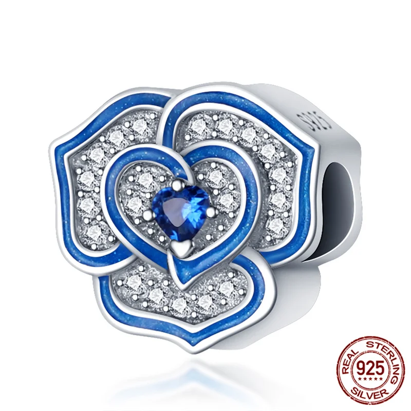 

100% Real 925 Sterling Silver Blue Flower Zircon Heart Fit Original 3mm Bracelet&Bangle Making Fashion DIY Jewelry For Women