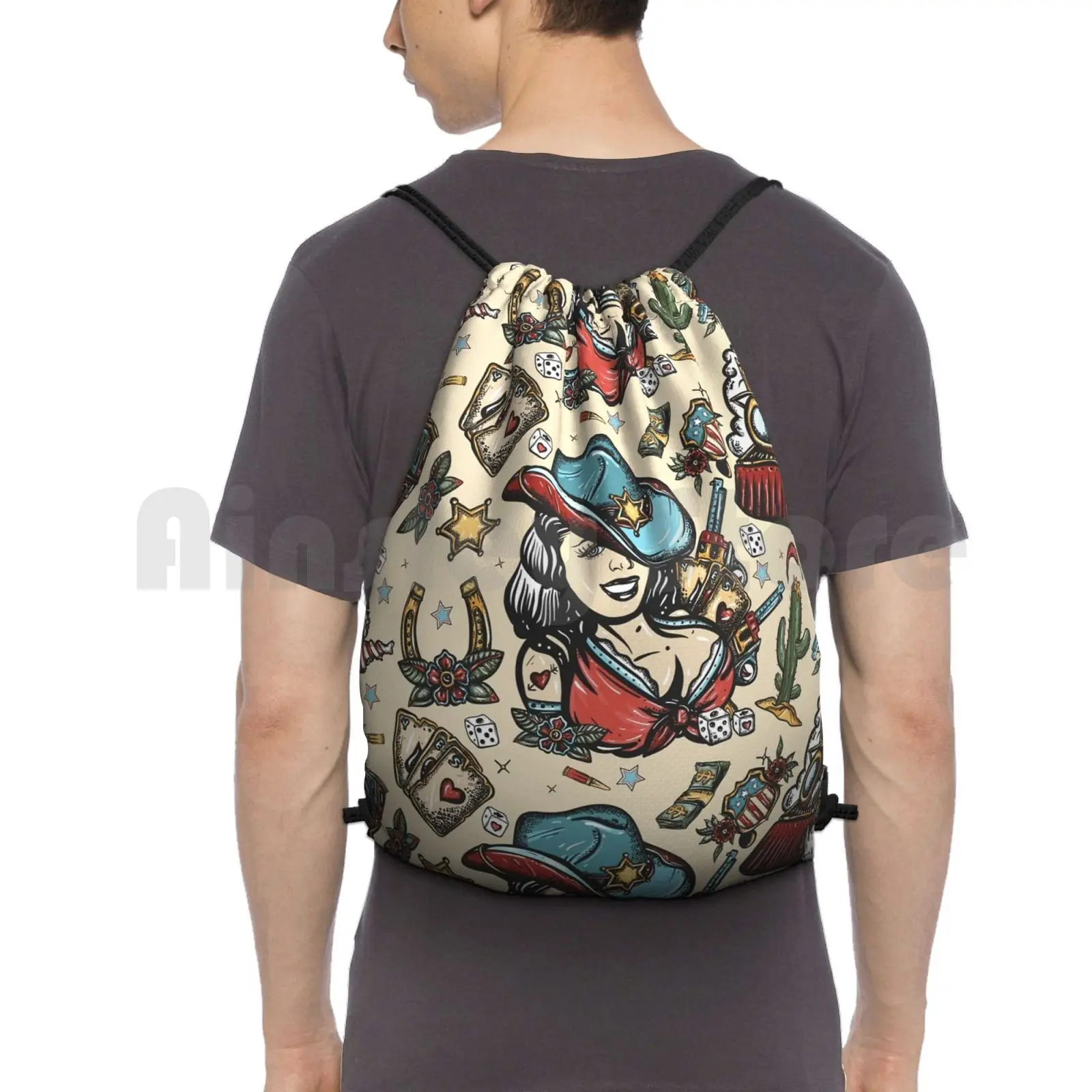 Western Style Backpack Drawstring Bag Riding Climbing Gym Bag  America American American History Beautiful Cactus Cartoon