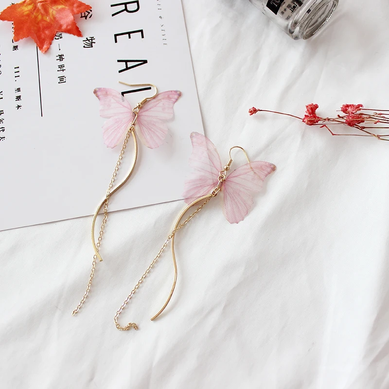 Женские серьги подвески с бабочками длинные из пряжи стразы