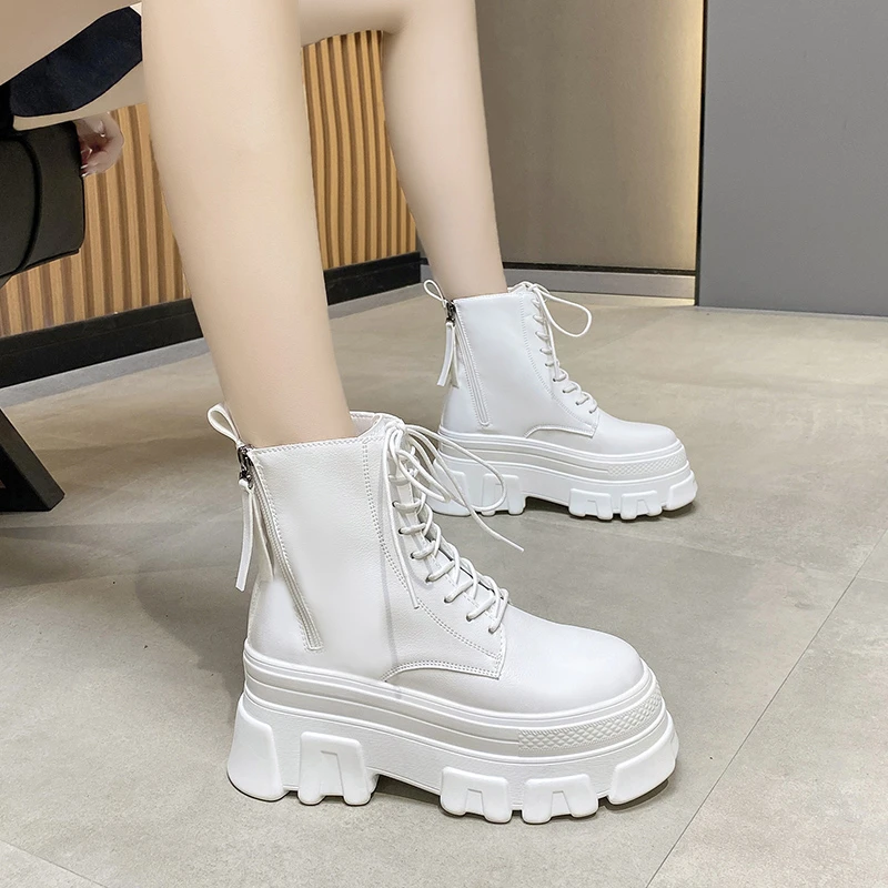 Autumn Women Thick Sole Ankle Boots Platform Leather Casual Boots 2021 Women's 8cm High Heels Wedge Boots Shoes Woman Sneakers