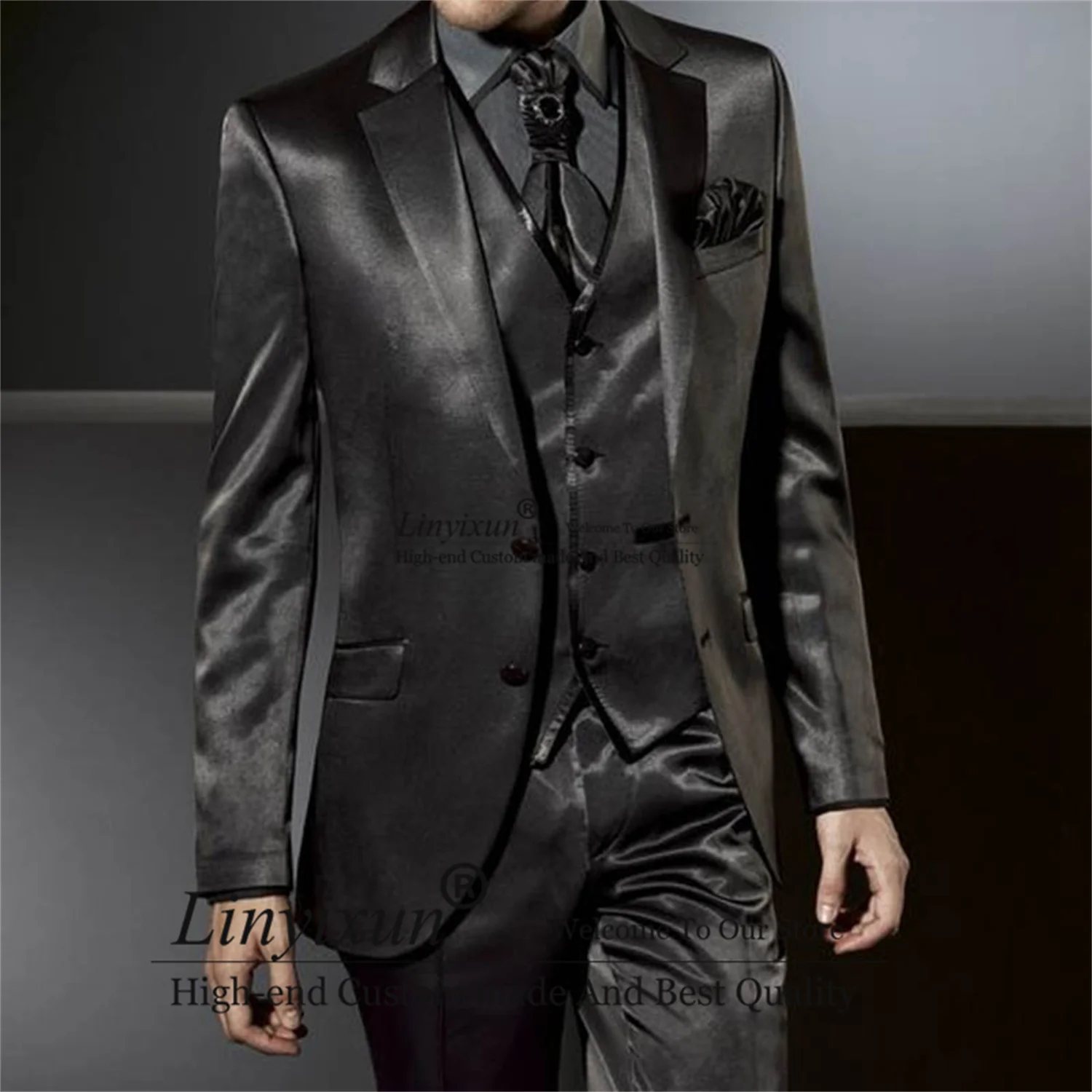 

Formal Slim Fit Men Suit Black Satin Groom Wedding Tuxedo Prom Party Best Man Blazer 3 Pieces Set Business Ensembles Homme