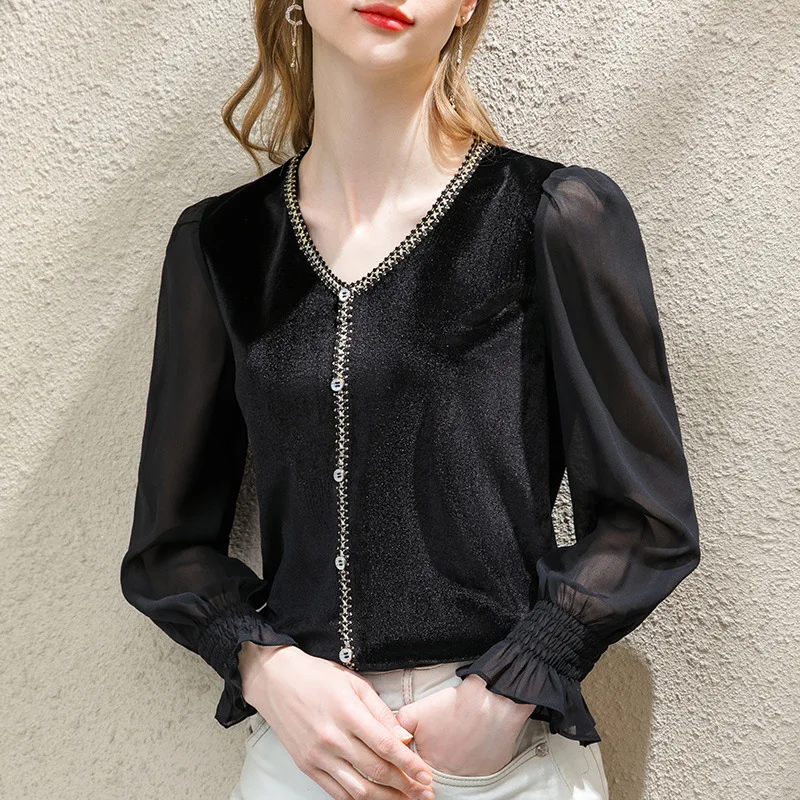 

Chiffon shirt women's long sleeve 2021 early spring new women's V-neck European style small shirt Chiffon splicing VELVET TOP