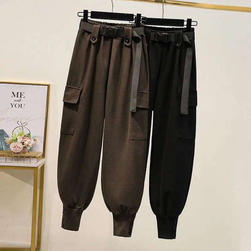 

Plus size women's autumn and winter high waist slimming black plush overalls fat mm beam pants Harlan long pants
