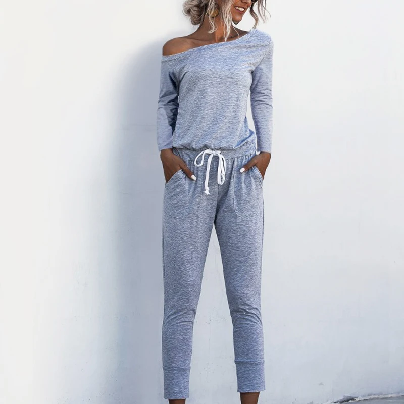 

Streetwear Spring Summer bodysuit women 2020 Casual off-shoulder long sleeved pocket lace-up black Women strapless jumpsuit