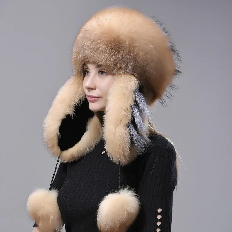 

Fur Hats Women Winter Warm Fluffy Fox Fur Bomber Hat with 5 Tails Genuine Real Fur Snow Cap Super anticold Stylish Headwear