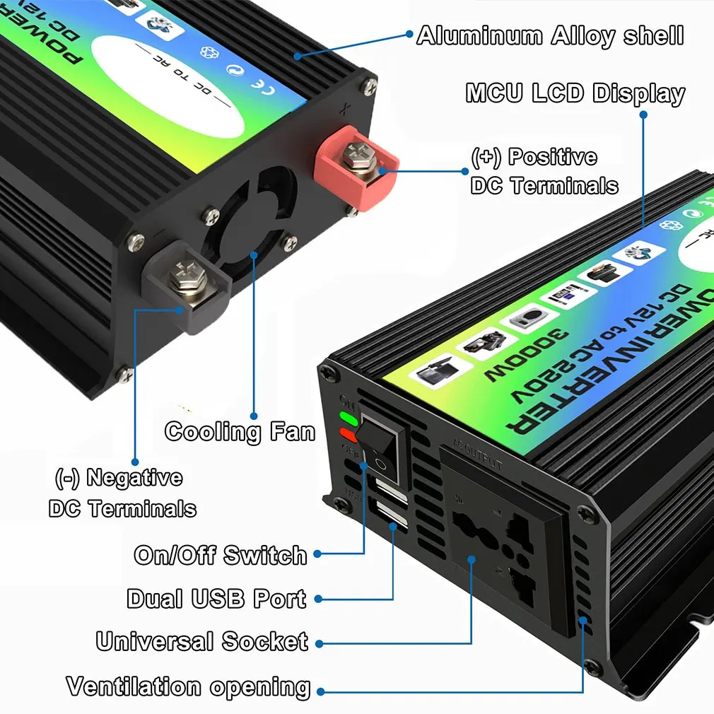 3000W 12V to 220V/110V Car Power Inverter Converter Charger Adapter Dual USB Voltage Transformer Modified Sine Wave | Автомобили и