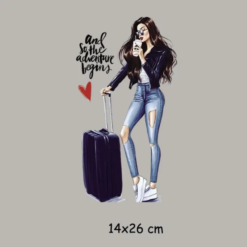 

14x26cm Cute Travel Beauty Girl Iron On Patches For DIY Heat Transfer Clothes T-Shirt Thermal Stickers Decoration Printing