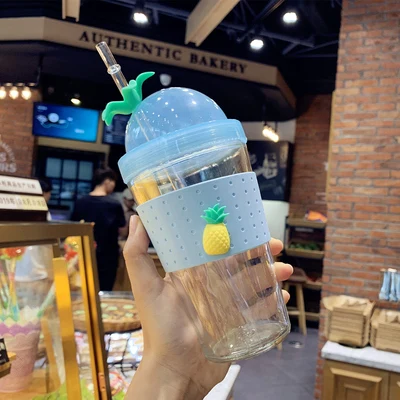 Pineapple Новая модная вишня двухслойная стеклянная чашка Kawaii бутылка для воды для детей и взрослых с соломинкой милые бутылки для воды Bpa бесплатно герметичные чашки - Цвет: Pineapple
